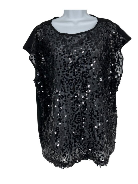 Lane Bryant Sheer Black Sequin Front Cap Sleeve Popover Top Size 14 - Picture 1 of 7